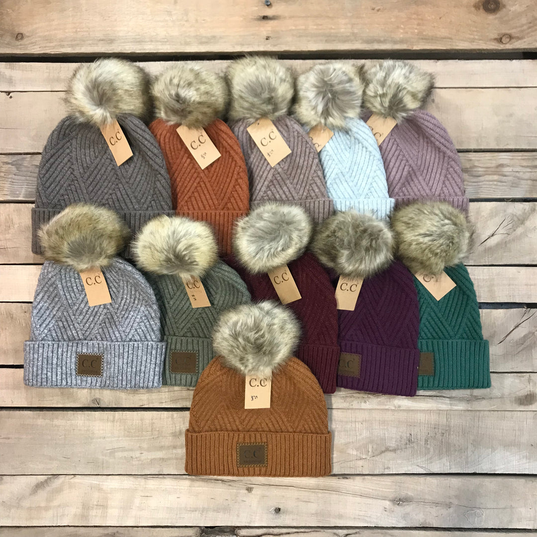 CC Herringbone Hats With Fur Puff