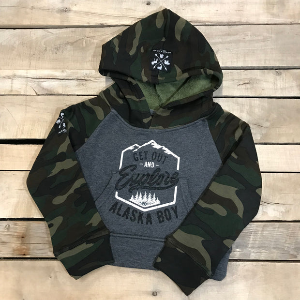 Boy's "Get Out and Explore" Camo Accent Hoody